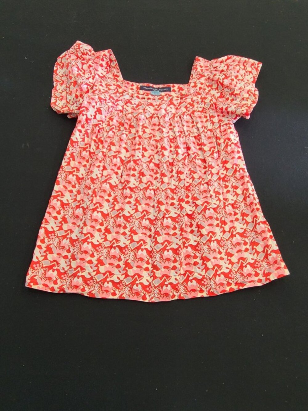 French Connection Red & Pink Floral Puff-Sleeve Womens Top Size 2 100% Cotton Li
